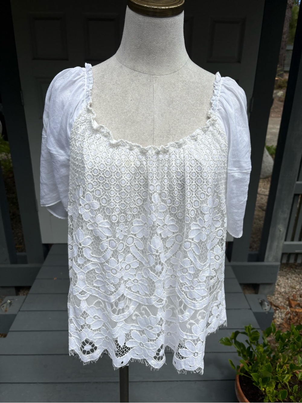 Anthropologie moulinette soeurs white lace peasant top